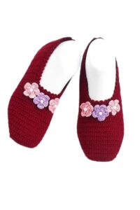Amazing Basket Handmade Crochet woollen socks, Burgundy Knit House socks with Purple and Pink Floral Applique, Indoor Footwear