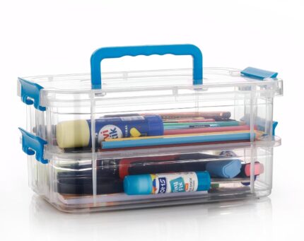 2 Layer Plastic Storage Containers with Lids – Detachable Multi-Utility Craft Organizer, Portable Storage Bin for Arts & Crafts, Sewing, Makeup & Office Supplies (Multicolor)