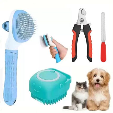 3-in-1 Pet Grooming Kit with Nail Clippers, Shampoo Dispensing Brush, Silicone Massage Brush, Suitable Dogs and Cats