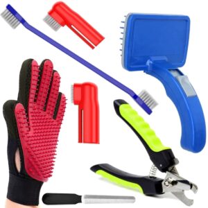 IKIMI KittuPet Dog Grooming Kit - Dog Nail Clippers with Filer + Dog Toothbrush Kit + Dog Plastic Slicker Brush I with Press Key for Puppies and Dogs + Pet Grooming Glove for Dog I 4 In 1 Combo
