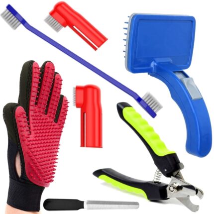 IKIMI KittuPet Dog Grooming Kit - Dog Nail Clippers with Filer + Dog Toothbrush Kit + Dog Plastic Slicker Brush I with Press Key for Puppies and Dogs + Pet Grooming Glove for Dog I 4 In 1 Combo