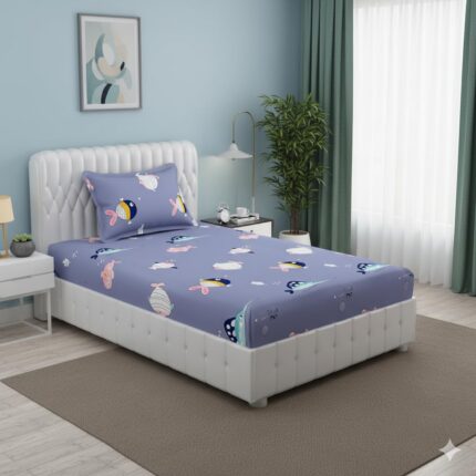 FRESH FROM LOOM Glace Cotton Wrinkle Free Soft Hypoallergenic Bed Sheet | Cartoon Printed Single Bedsheet For Kids With One Pillow Cover (60X90 Inches/Fish/Blue), 144 tc