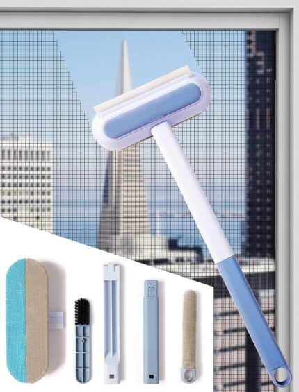 DODGE 'N WOLVES Multifunctional Screen Brush 4 in 1 with Extended Handle for Window and Mesh Cleaning, Double Sided Mosquito Net Cleaner Grey