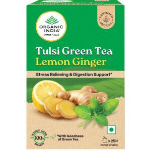 A TATA Product - Organic India Tulsi Green Tea Lemon Ginger - 25 Teabags, Herbal Blend with Green-Tea, Tulsi, Lemon & Ginger, Supports Digestion, Refreshing Taste, Natural Ingredients