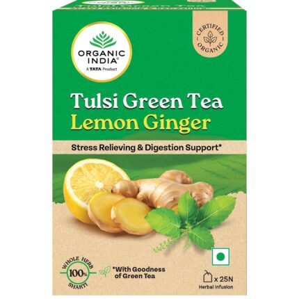 A TATA Product - Organic India Tulsi Green Tea Lemon Ginger - 25 Teabags, Herbal Blend with Green-Tea, Tulsi, Lemon & Ginger, Supports Digestion, Refreshing Taste, Natural Ingredients