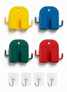 4 Mobile Holder + 4 Hook -- Self-Adhesive Phone Charging Holder with Dual Hooks, Ideal for Bathroom, Kitchen, Bedroom, Office with [4 Wall Hook] – Reusable ABS Build, Pack of 4 (Assorted Color)